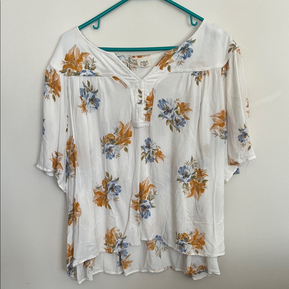 a.n.a White Floral Peasant Blouse with Blue and Mustard Blooms
